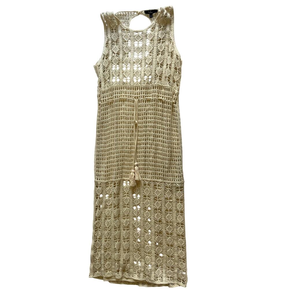 Lulus Beachy energy beige crochet cutout sleeveless midi dress sm boho coastal